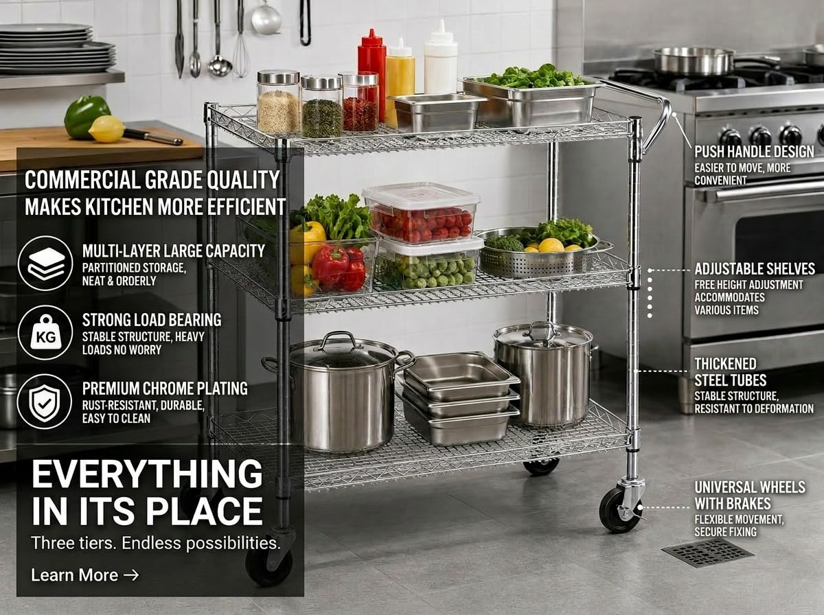 Heavy Duty 3 Tier Rolling Util - Commercial Kitchen On Wheels recensie en prijs